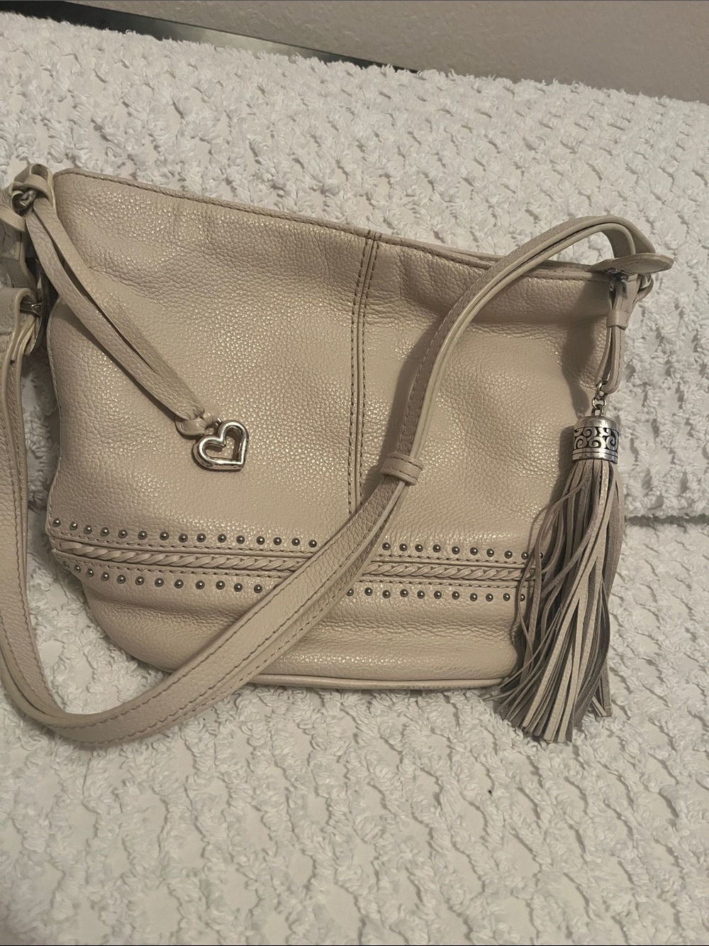 Brighton Cream Leather Crossbody with Tassel & Heart Charm